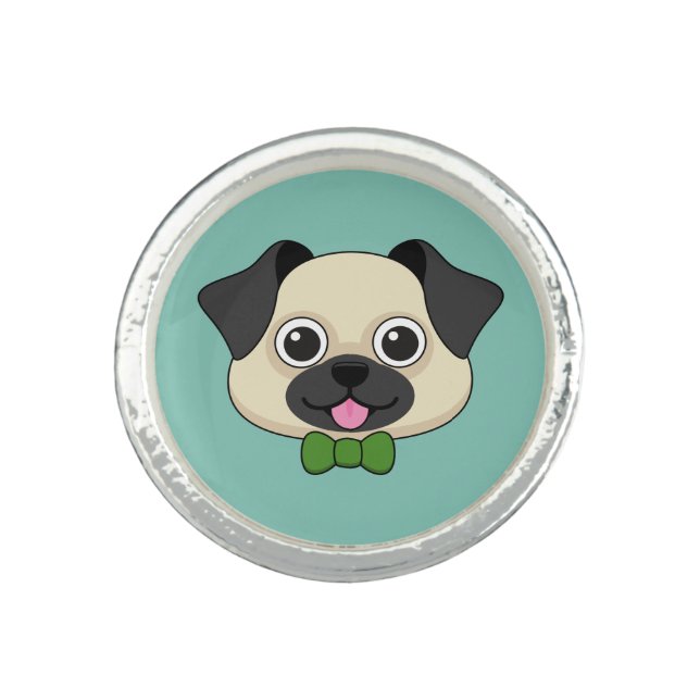 Cute Happy Pug Dog with Papillon Ring (Front)