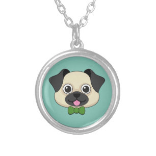 Cute Happy Pug Dog with Papillon Silver Plated Necklace