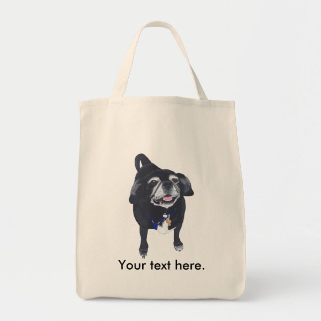 Cute Happy Pug Dog Your Text Tote Bags (Front)