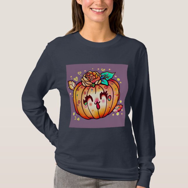 Cute Happy Pumpkin Halloween Graphic Long Sleeved T-Shirt (Front)