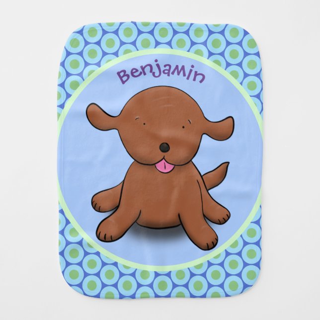 Cute happy puppy dog blue cartoon illustration baby burp cloth (Front)