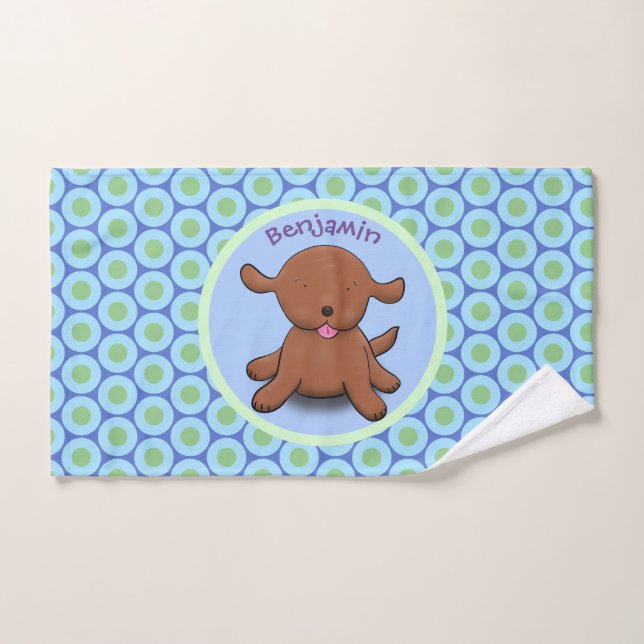 Cute happy puppy dog blue cartoon illustration bath towel set (Hand Towel)