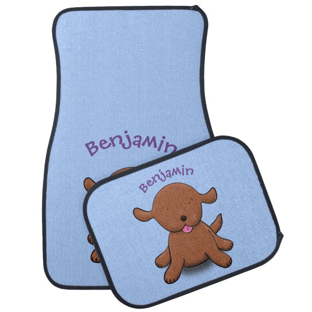 Cute happy puppy dog blue cartoon illustration car floor mat (Set)