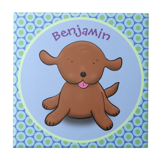 Cute happy puppy dog blue cartoon illustration ceramic tile (Front)