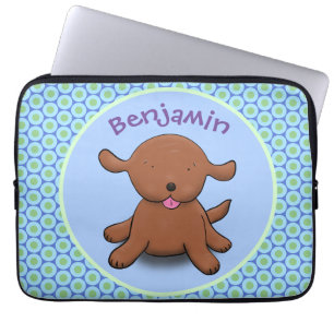 Cute happy puppy dog blue cartoon illustration laptop sleeve