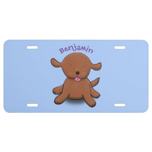 Cute happy puppy dog blue cartoon illustration license plate