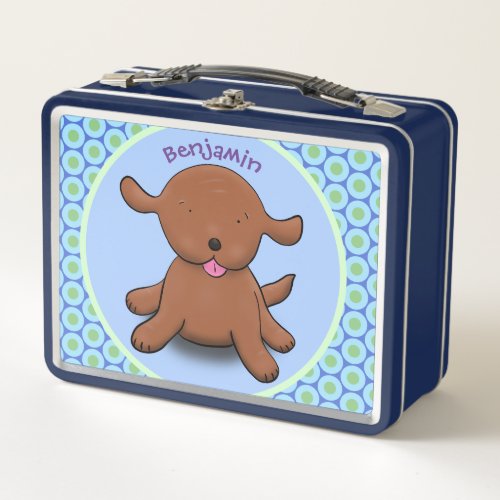 Cute happy puppy dog blue cartoon illustration metal lunch box