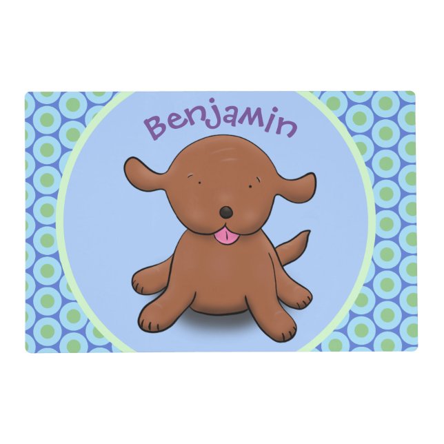 Cute happy puppy dog blue cartoon illustration placemat (Front)