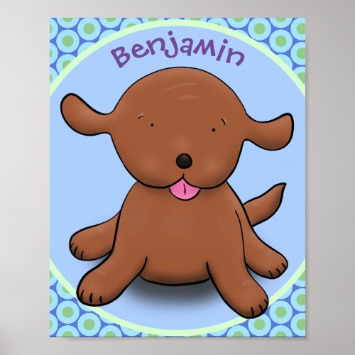 Cute happy puppy dog blue cartoon illustration poster