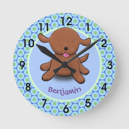 Cute happy puppy dog blue cartoon illustration rou round clock