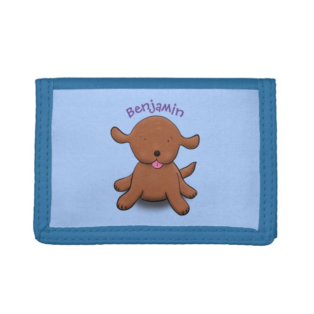 Cute happy puppy dog blue cartoon illustration trifold wallet (Front)