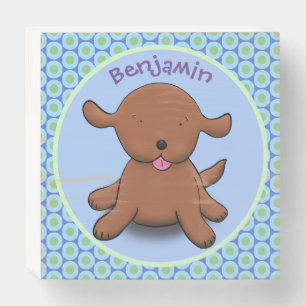 Cute happy puppy dog blue cartoon illustration wooden box sign