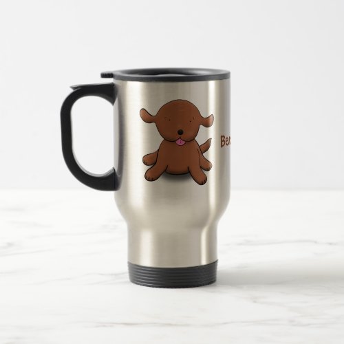 Cute happy puppy dog cartoon illustration travel mug