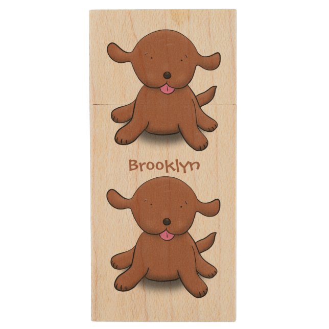 Cute happy puppy dog cartoon illustration  wood flash drive (Front Vertical)