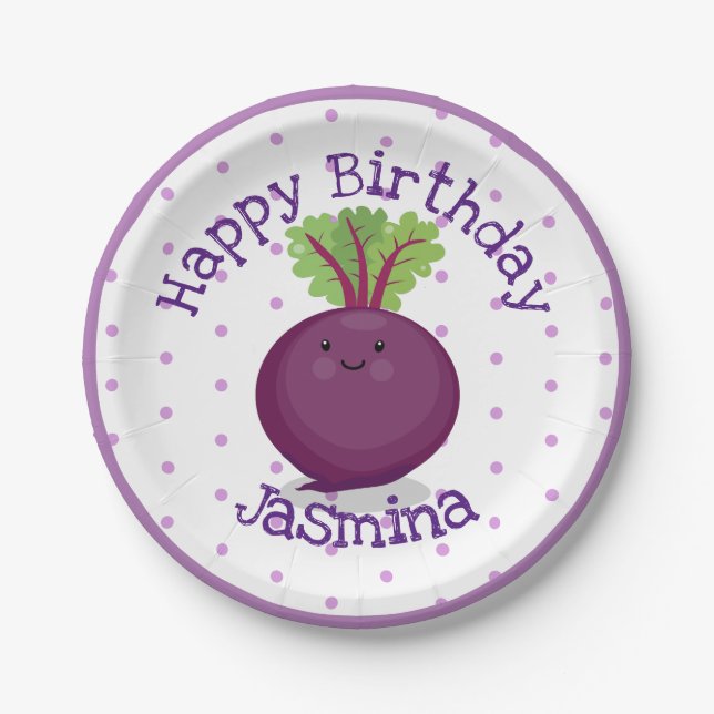 Cute happy purple beet cartoon illustration paper plates (Front)