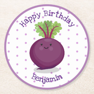 Cute happy purple beet cartoon illustration round paper coaster