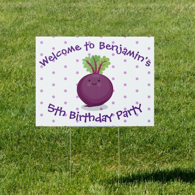 Cute happy purple beet cartoon illustration sign (Insitu)