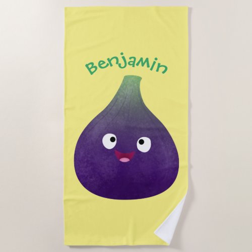 Cute happy purple fig fruit cartoon  beach towel