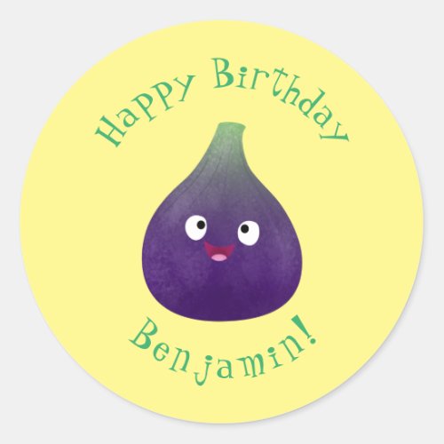 Cute happy purple fig fruit cartoon classic round sticker