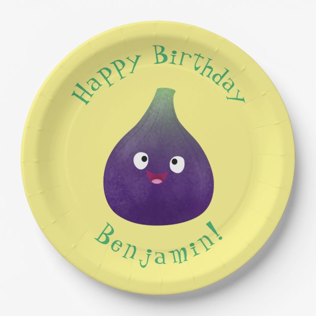 Cute happy purple fig fruit cartoon  paper plates (Front)