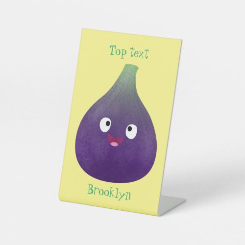 Cute happy purple fig fruit cartoon pedestal sign