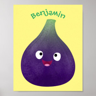 Cute happy purple fig fruit cartoon poster