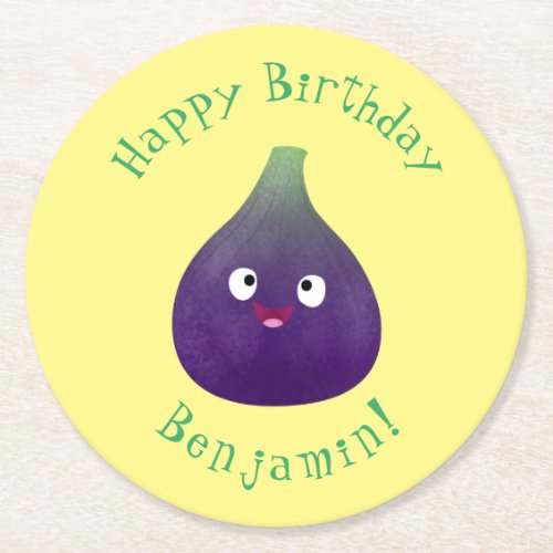 Cute happy purple fig fruit cartoon round paper coaster