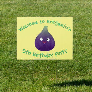 Cute happy purple fig fruit cartoon sign