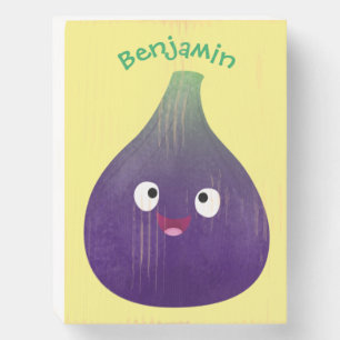 Cute happy purple fig fruit cartoon wooden box sign