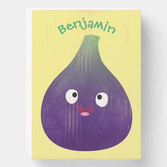Cute happy purple fig fruit cartoon  wooden box sign (Front Vertical)