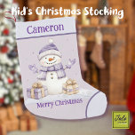 Cute Happy Purple Snowman Presents Merry Christmas Small Christmas Stocking<br><div class="desc">Celebrate the joy of the season with this whimsical snowman Christmas stocking! The cute snowman design, complete with a purple hat and scarf, is set against a dreamy light purple snowy backdrop with presents. Personalize the top with your child’s name for a unique holiday keepsake, while “Merry Christmas” below adds...</div>
