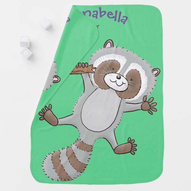 Cute happy raccoon baby cartoon illustration baby blanket (In Situ)