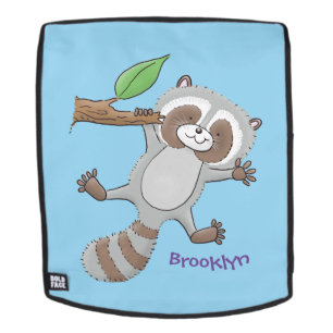 Cute happy raccoon baby cartoon illustration backpack
