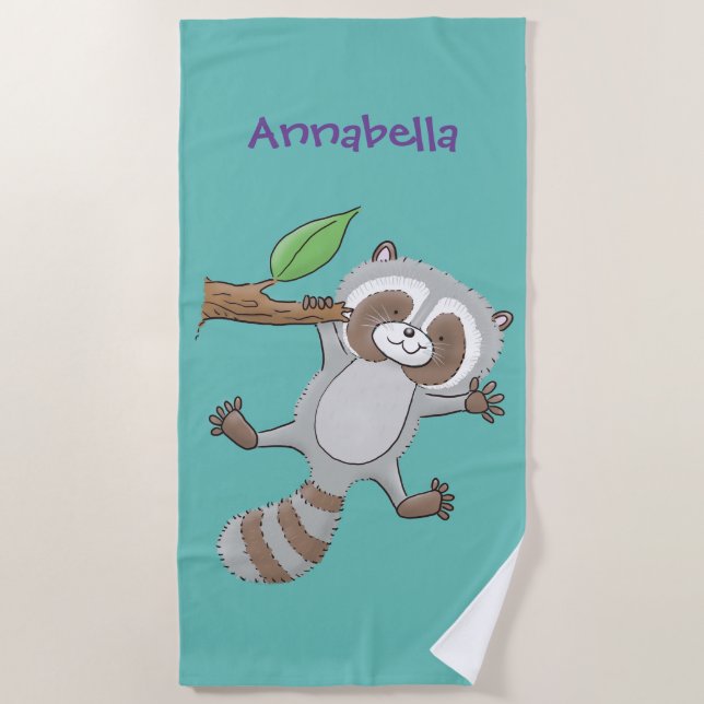 Cute happy raccoon baby cartoon illustration beach towel (Front)