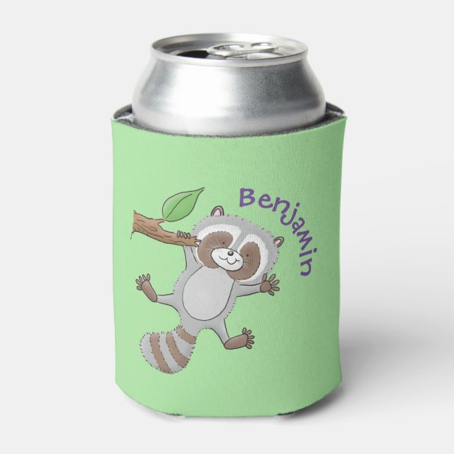 Cute happy raccoon baby cartoon illustration can cooler (Can Front)