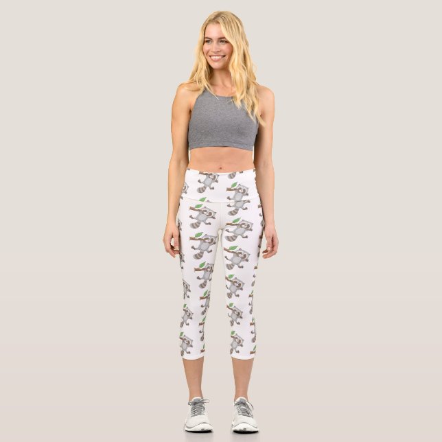 Cute happy raccoon baby cartoon illustration capri leggings (Front)