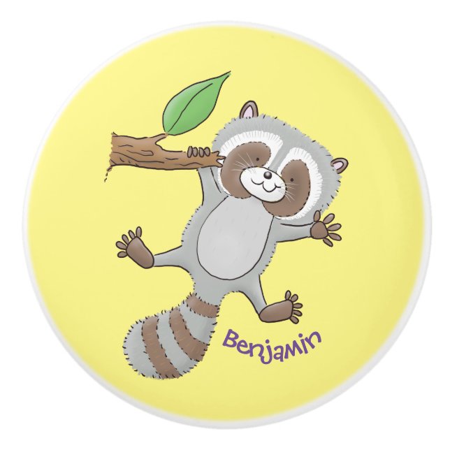 Cute happy raccoon baby cartoon illustration ceramic knob (Front)