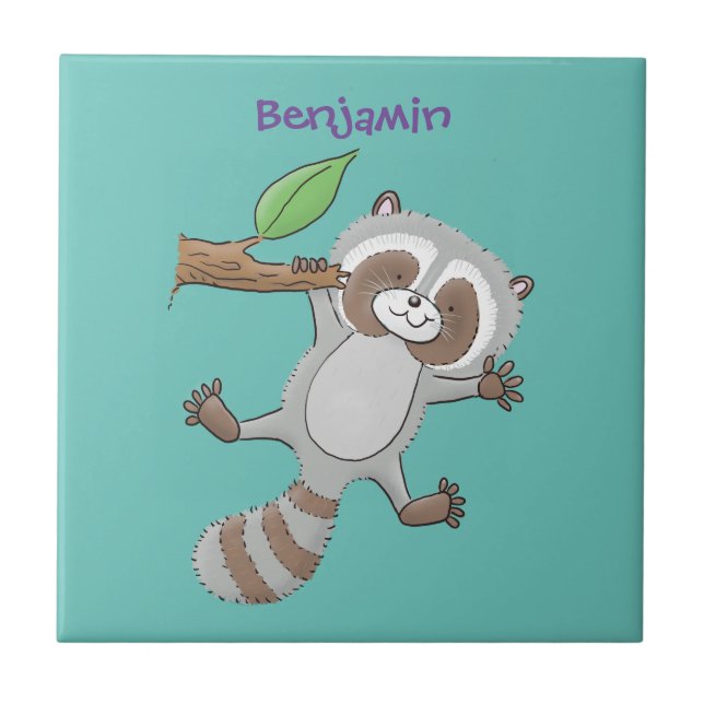 Cute happy raccoon baby cartoon illustration ceramic tile (Front)