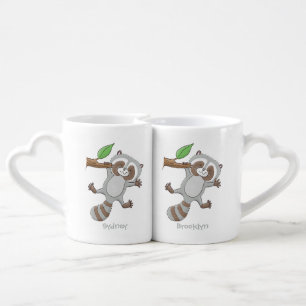 Cute happy raccoon baby cartoon illustration coffee mug set