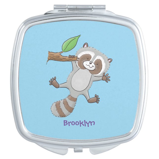 Cute happy raccoon baby cartoon illustration compact mirror (Front)
