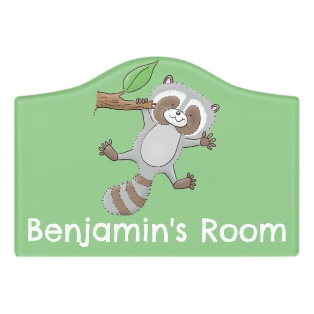 Cute happy raccoon baby cartoon illustration door sign (Small Crest Front)