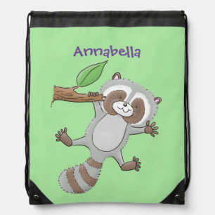 Cute happy raccoon baby cartoon illustration drawstring bag