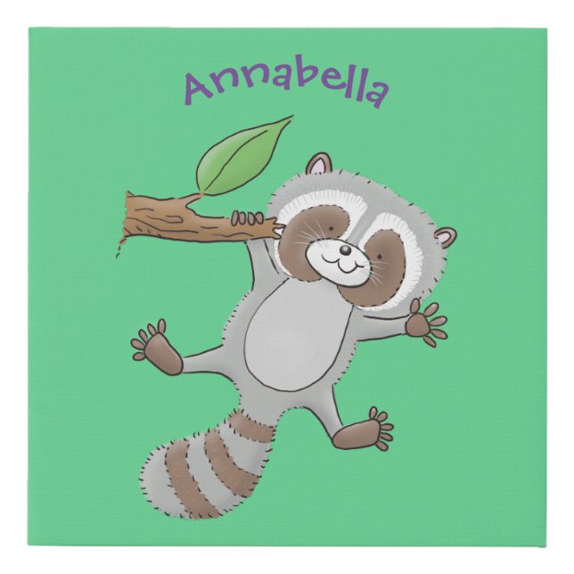 Cute happy raccoon baby cartoon illustration faux canvas print (Front)