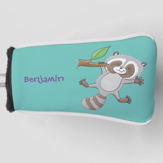 Cute happy raccoon baby cartoon illustration golf head cover (Front)