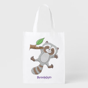 Cute happy raccoon baby cartoon illustration grocery bag