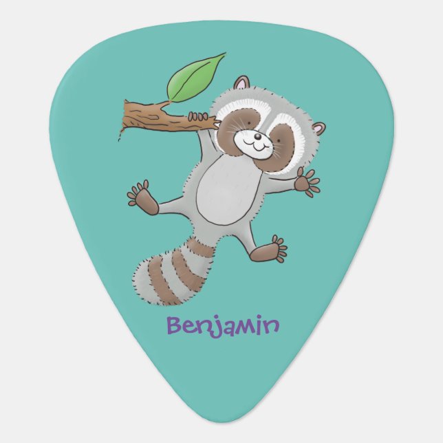 Cute happy raccoon baby cartoon illustration  guitar pick (Front)