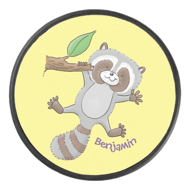 Cute happy raccoon baby cartoon illustration hockey puck (Front)