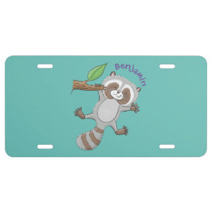 Cute happy raccoon baby cartoon illustration  license plate