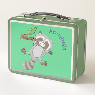 Cute happy raccoon baby cartoon illustration metal lunch box