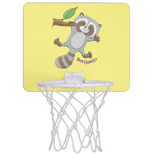 Cute happy raccoon baby cartoon illustration mini basketball hoop
